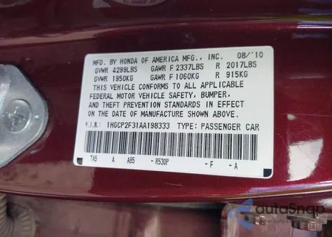 2010 Honda Accord 2.4 Lx из США, поврежденный, VIN 1HGCP2F31AA198333